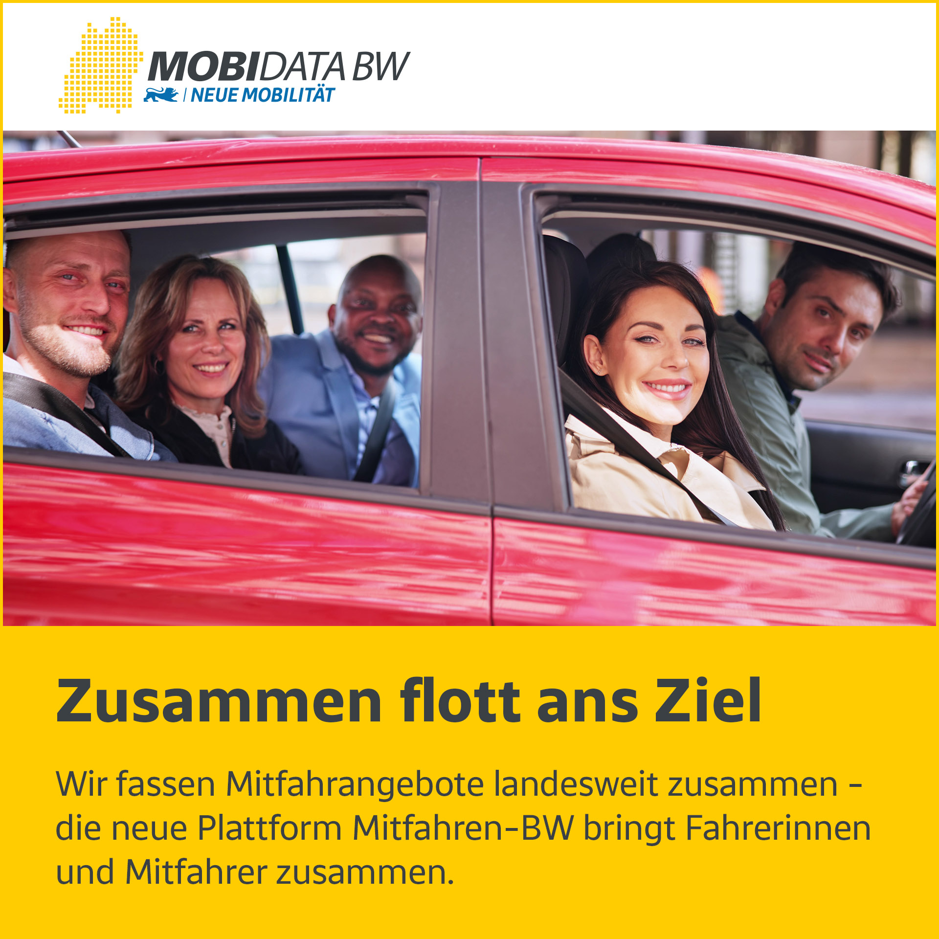 Mitfahren-BW ist die Plattform, um Mitfahrangebote über mehrere Anbieter hinweg gesammelt zu finden.