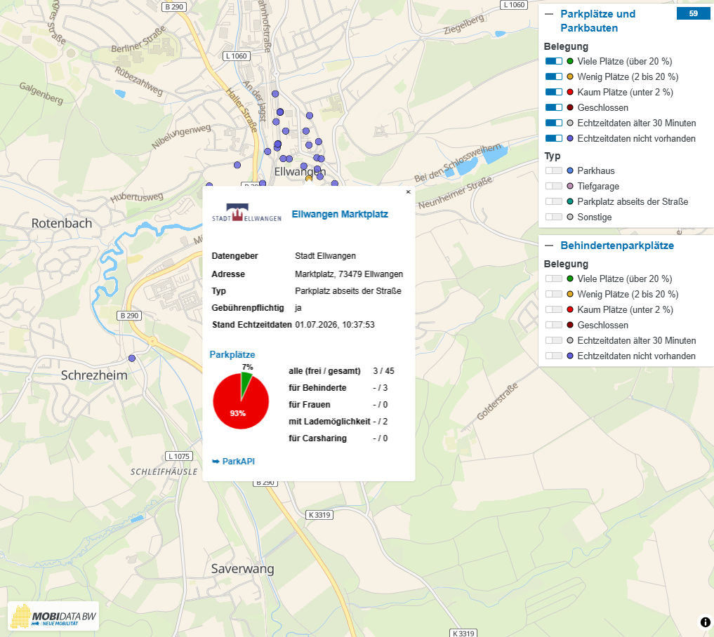 Kartenvisualisierung Parkplätze Ellwangen